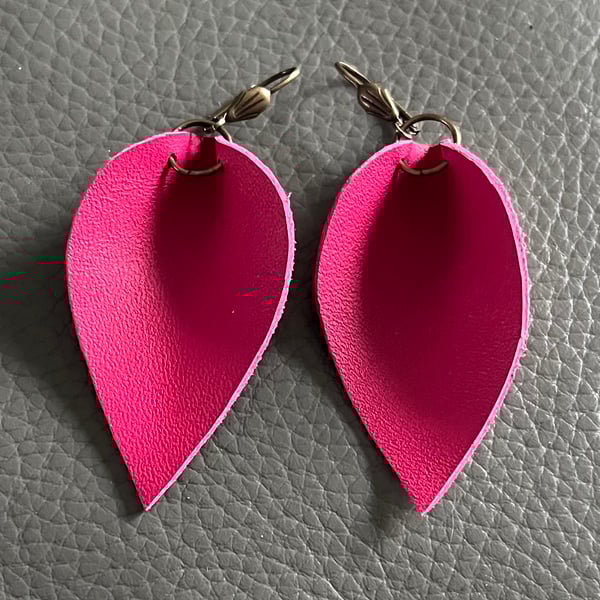 Handcrafted Fuchsia Leather Teardrop Earrings - Minimalist Statement Jewellery 