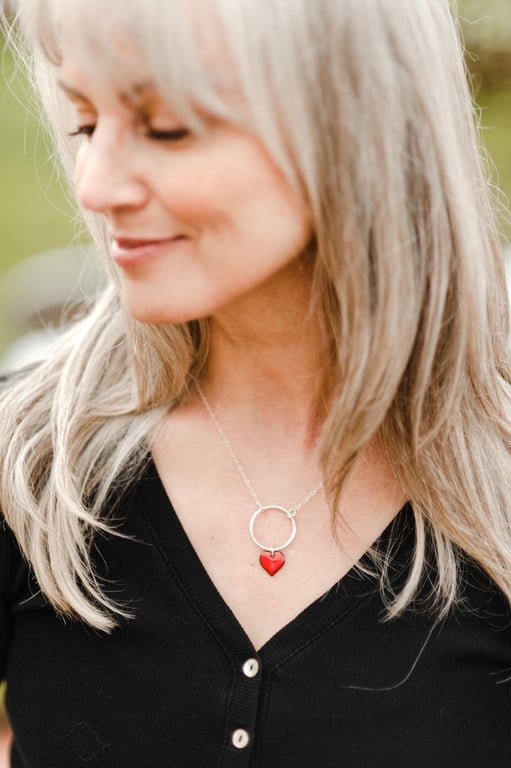 Silver Heart Necklace Enamel on Silver Circle
