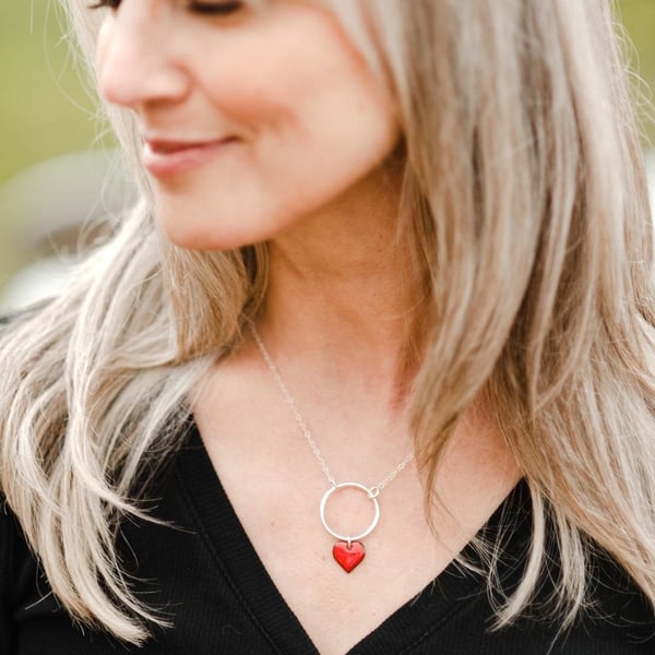 Silver Heart Necklace Enamel on Silver Circle