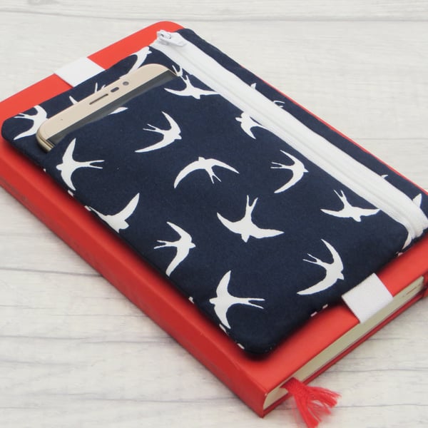 Zipped pouch with elastic band for bullet journal or planners in Swallows fabric