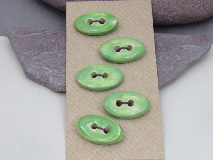 5 Small Oval Apple Green Ceramic Buttons