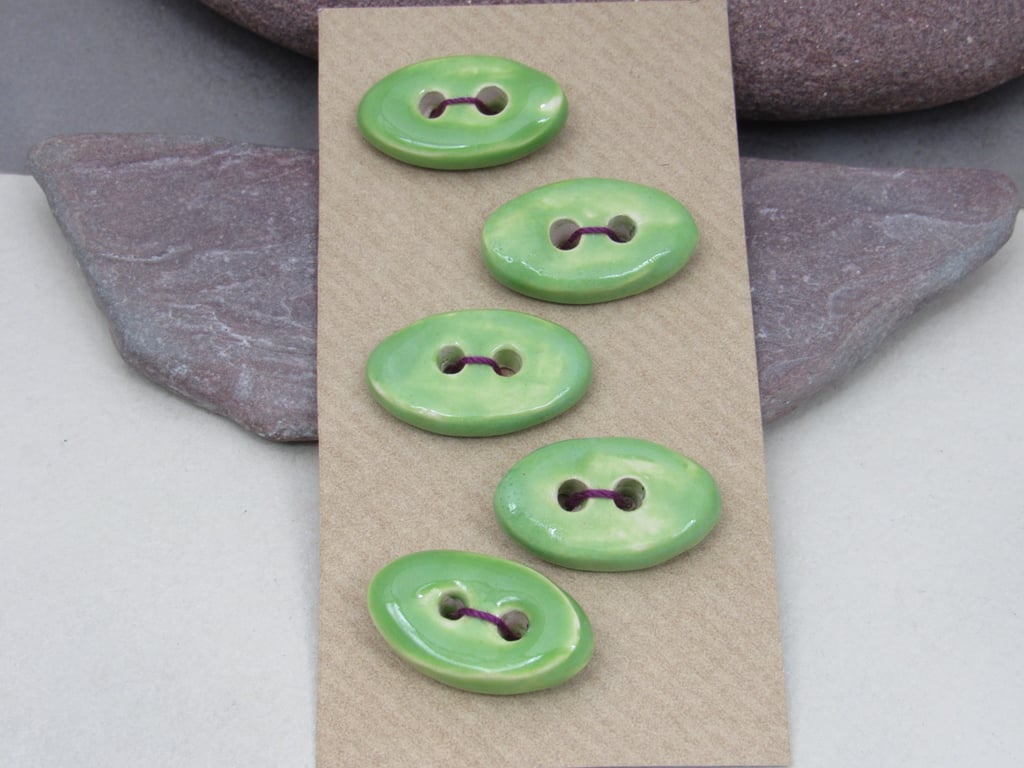5 Small Oval Apple Green Ceramic Buttons