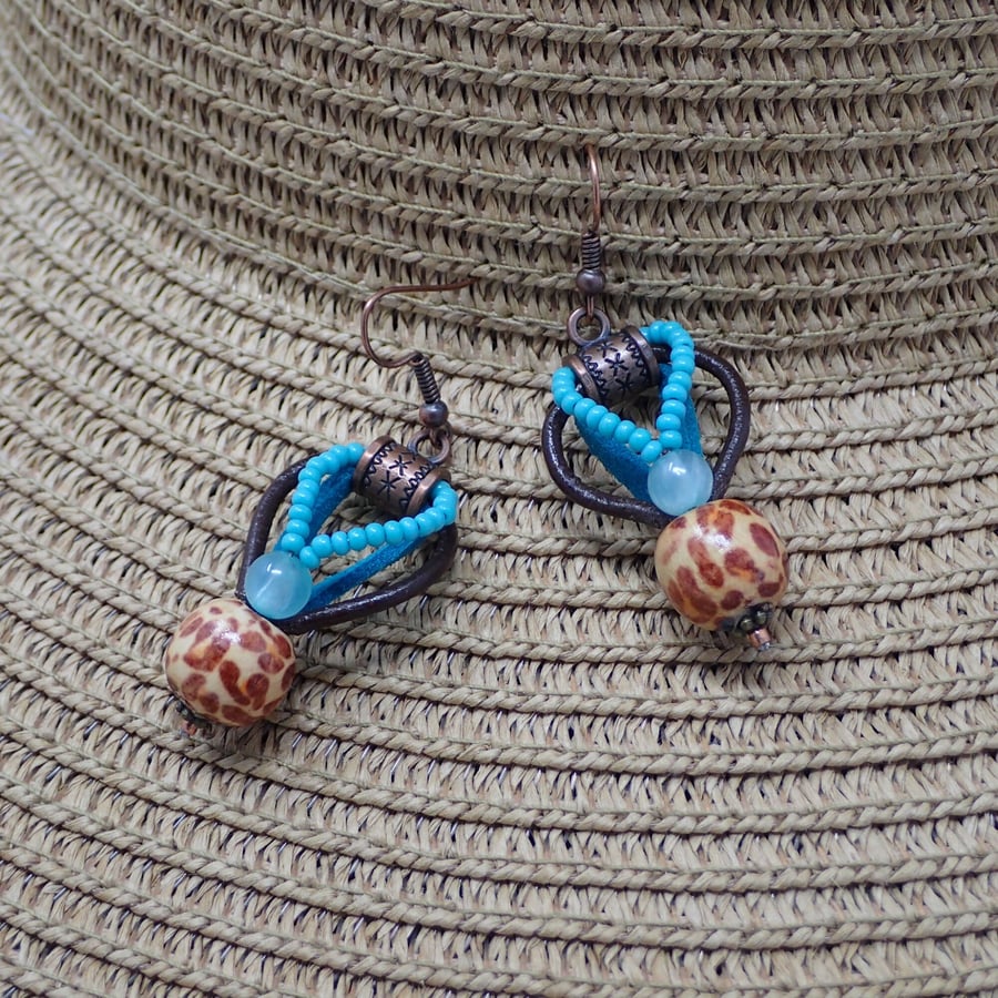 Brown and Turquoise Beaded Dangle Earrings