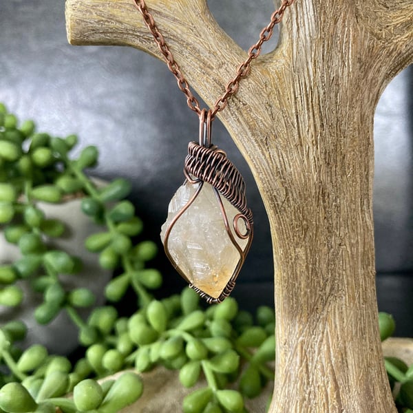 Citrine pendant handmade necklace wire wrapped natural stone 18 inch 