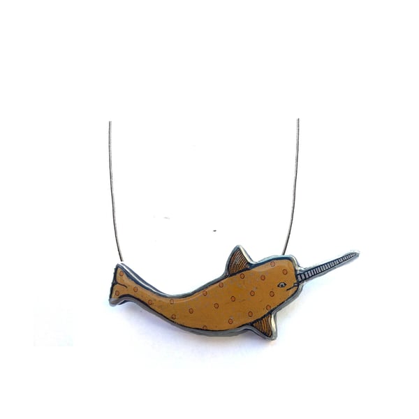 Whimsical colourful Mustard Yellow Narwhal  necklace by EllyMental