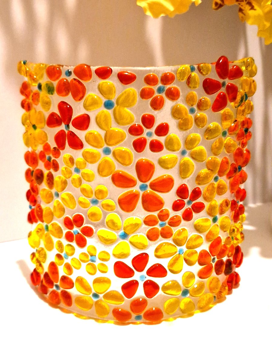 Fused glass yellow and orange ditsy curve