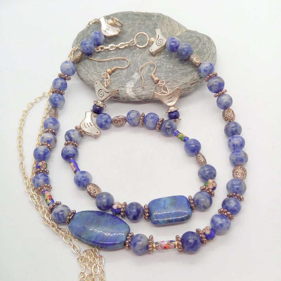 Lapis Lazuli and Silver Bird Bead Jewellery Set, Jewellery Gift for Her
