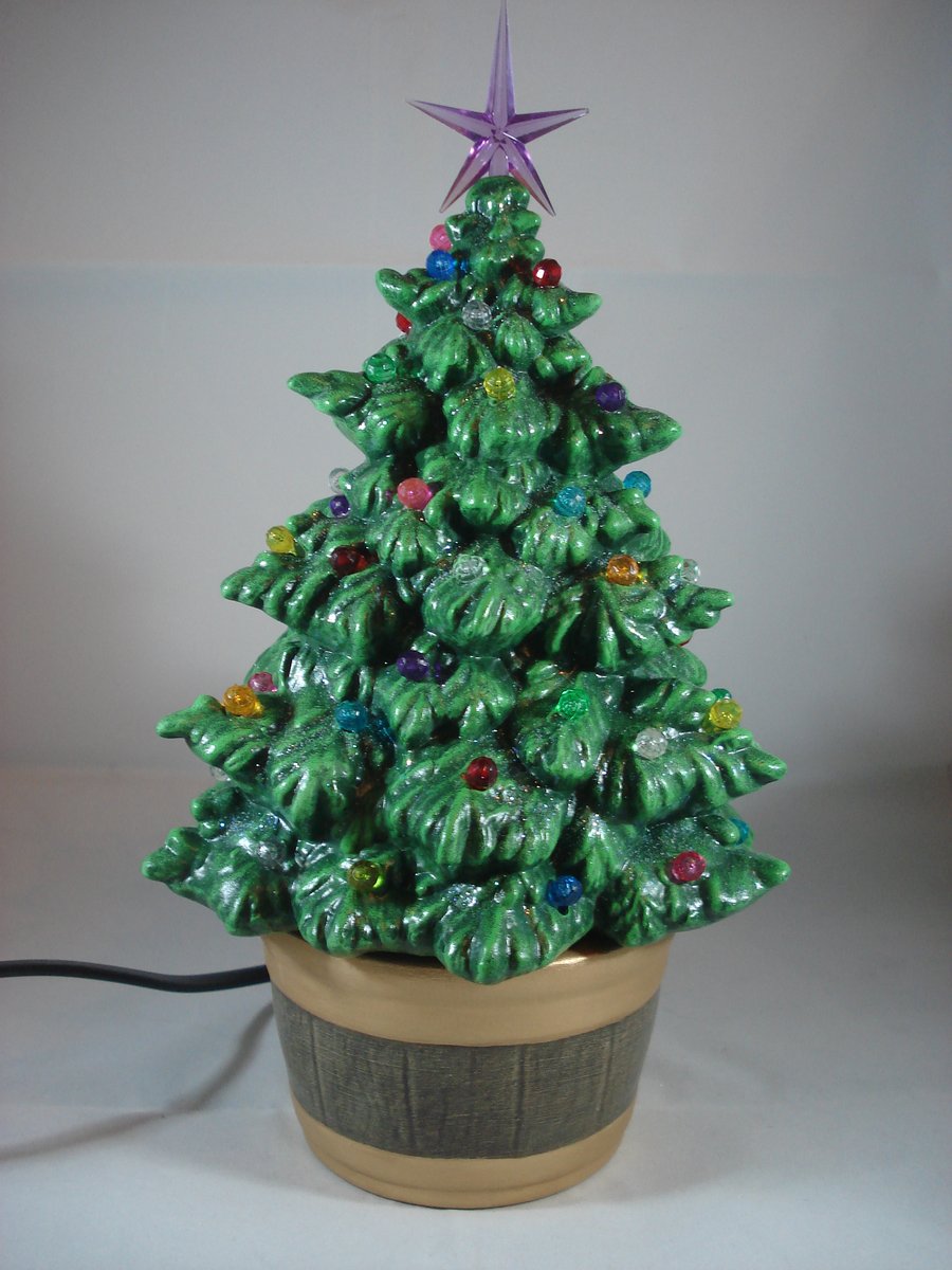 Ceramic Hand Painted Green Christmas Xmas Tree G9 LED Table Lamp Decoration.