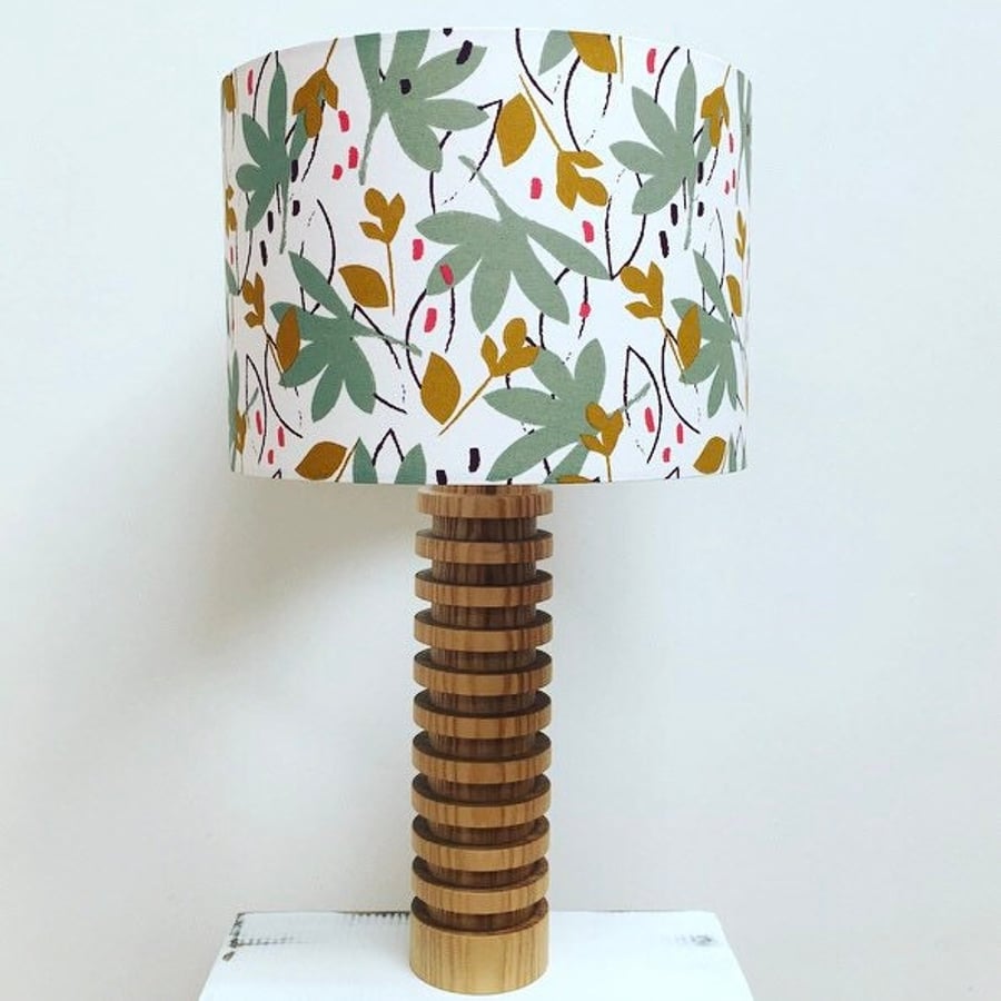 Handmade sage green and mustard leaves fabric drum lampshade