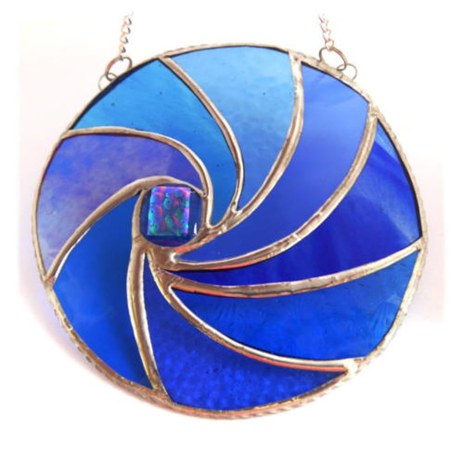 SOLD Ripwave Blue Stained Glass Suncatcher Handmade Sea 013