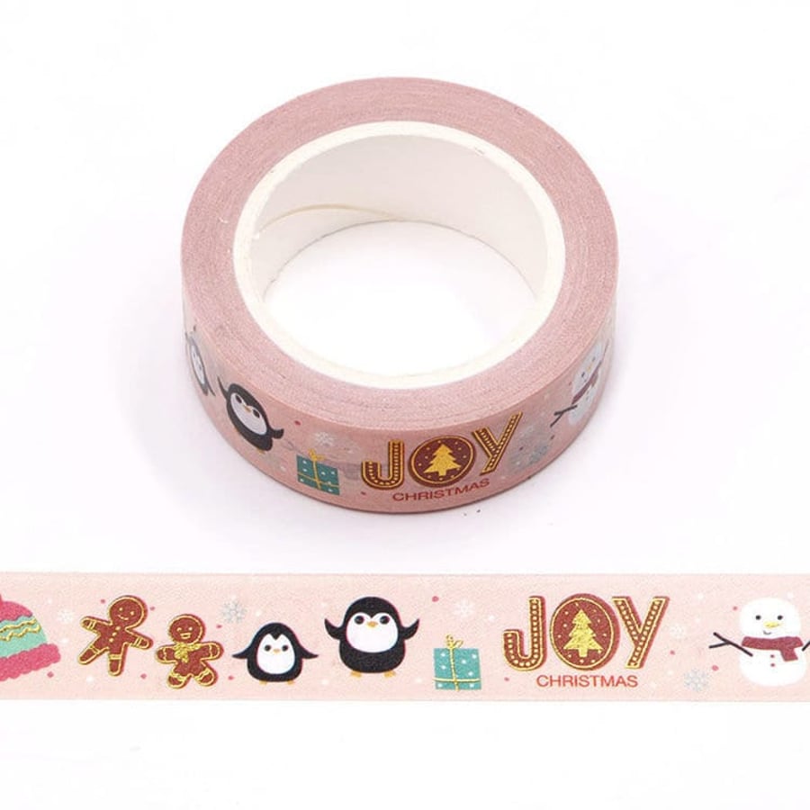 Penguin, Snowman and Gingerbread Many Christmas Joy Pink Washi Tape 15mm x 10 Me
