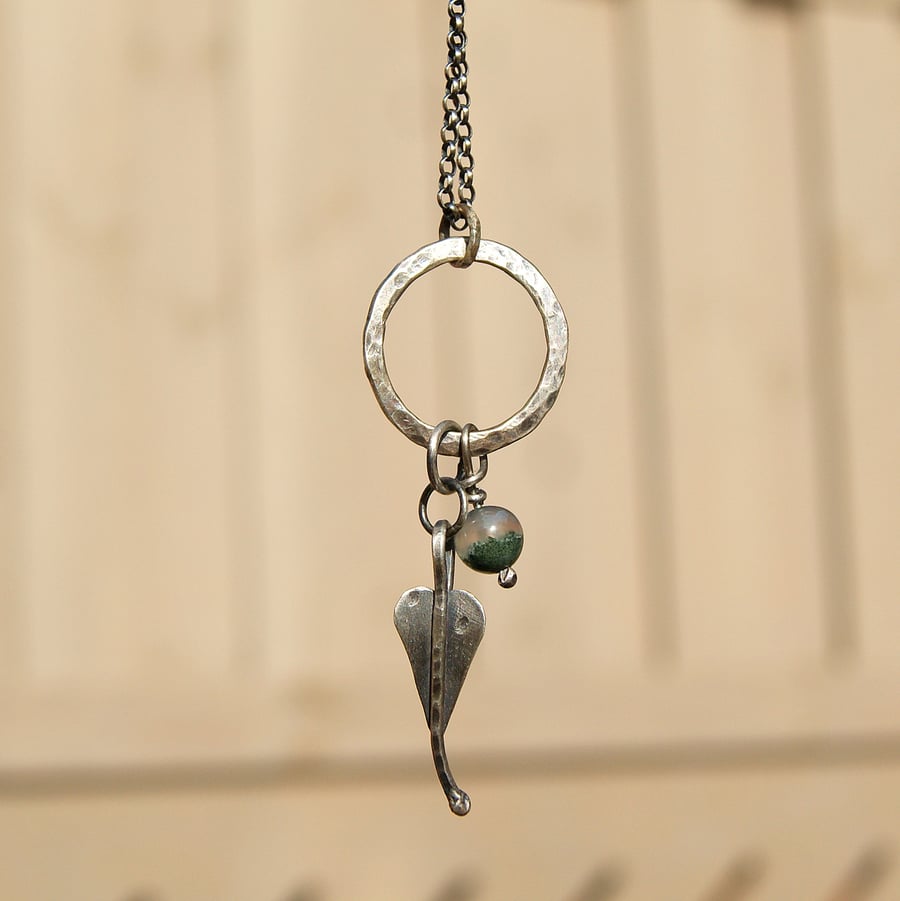 Sterling Silver Leaf Pendant, Green Moss Agate Necklace