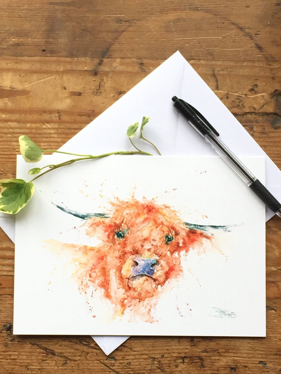 Highland Cow Card, A5 blank greeting card with a watercolour cow design