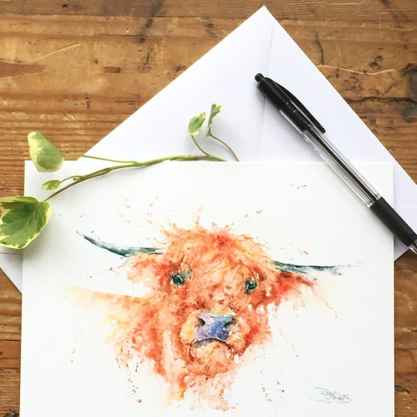 Highland Cow Card, A5 blank greeting card with a watercolour cow design