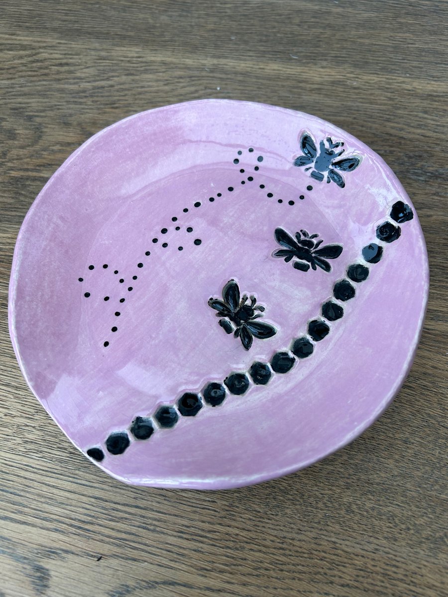 Large Handmade ceramic spoon rest in pink Bee design