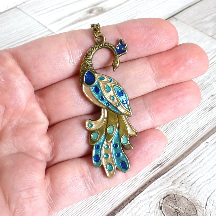 Blue, gold and turquoise peacock pendant necklace for women