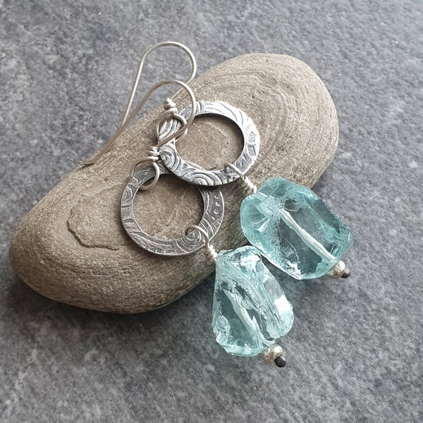 Silver and aquamarine glass earrings, Pale blue statement earrings
