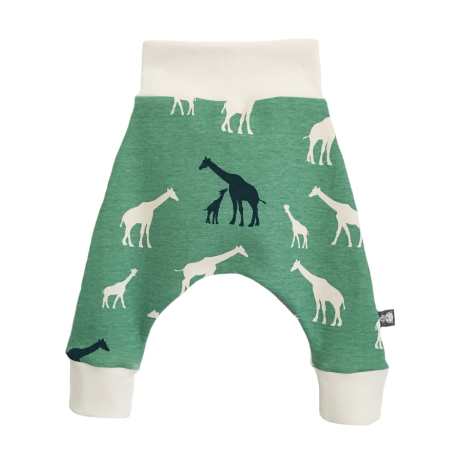 ORGANIC Baby HAREM PANTS Relaxed Trousers Green GIRAFFES Gift Idea by BellaOski