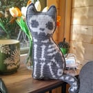 Spooky Crochet Cat Mini Cushion - Grey with white bones