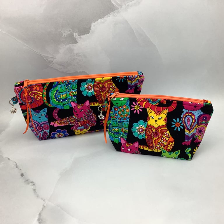Cats zip bag, Hippy cats makeup bag, 2 options, Handmade
