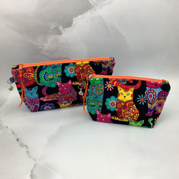 Cats zip bag, Hippy cats makeup bag, 2 options, Handmade