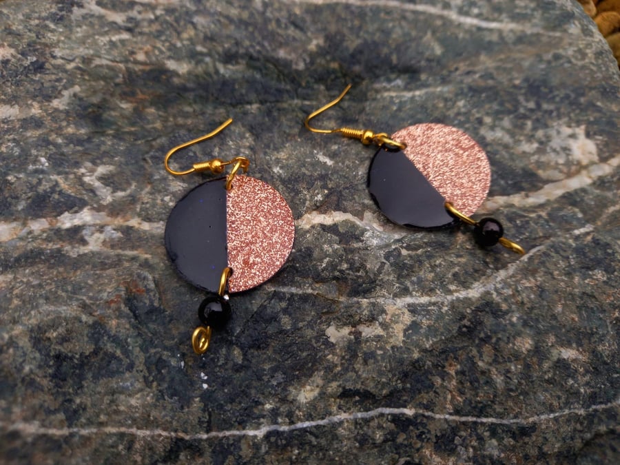 Black and Gold Glittery Circle Dangle Earrings
