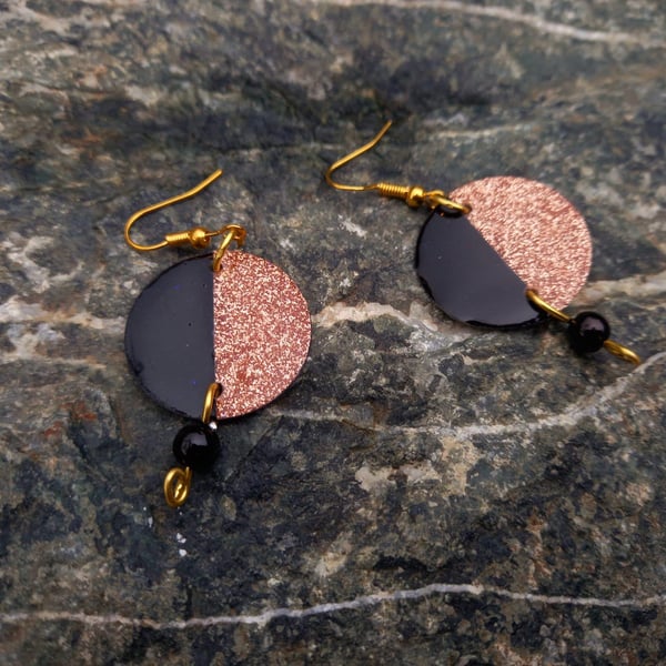 Black and Gold Glittery Circle Dangle Earrings