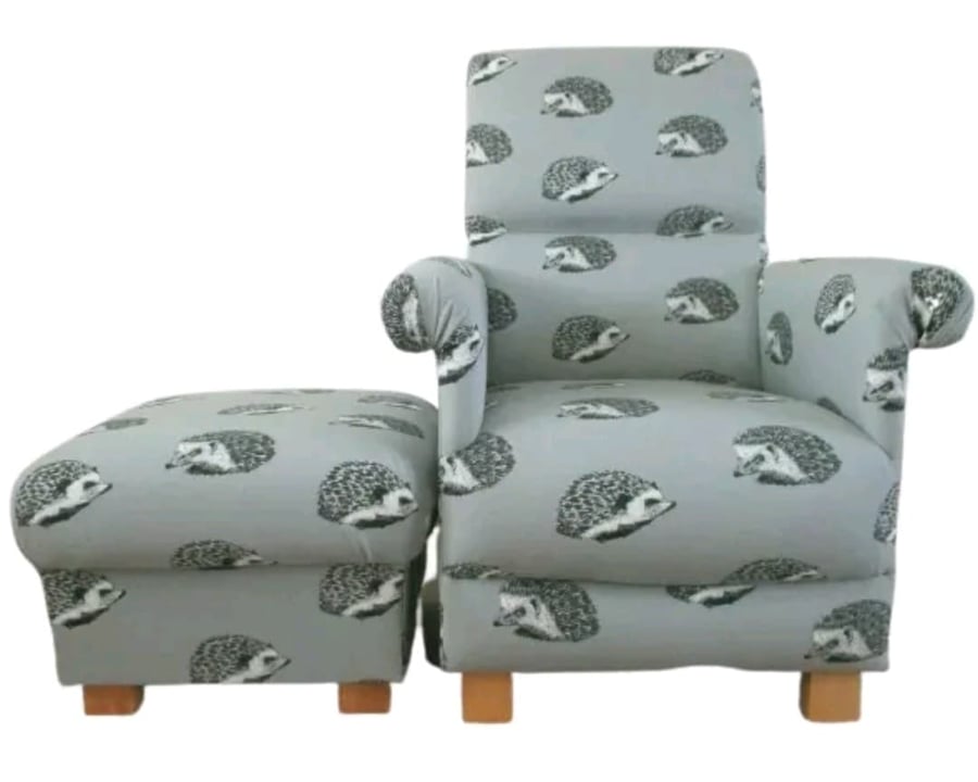 Grey Hedgehogs Chair & Footstool Adult Armchair Pouffe Nursery Small Accent New