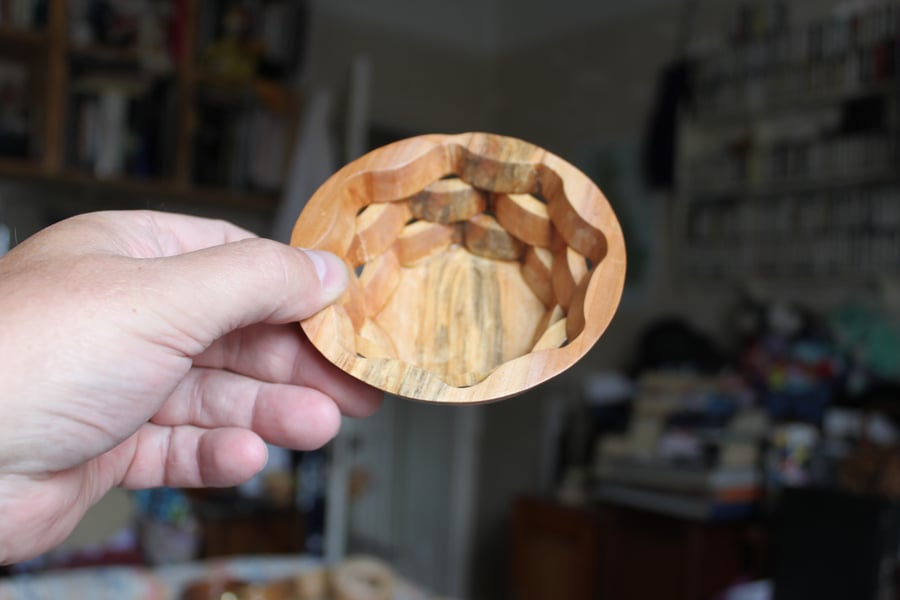 Cherry "scroll saw " Bowl, with spalted wood and scrolled & rotated sides.