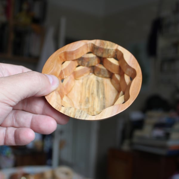 Cherry "scroll saw " Bowl, with spalted wood and scrolled & rotated sides.