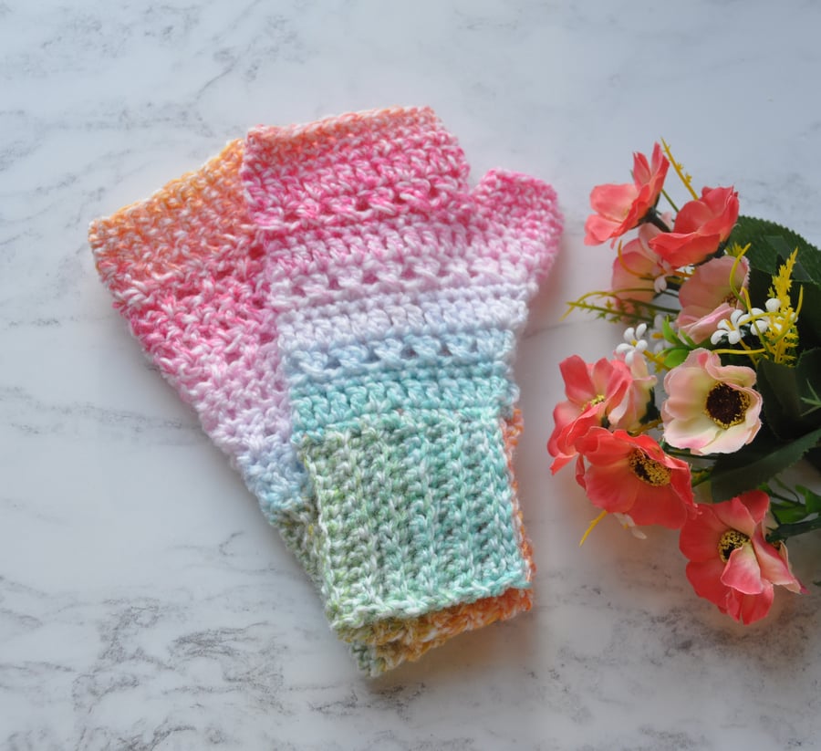 Hand Crochet Fingerless Gloves Mittens Mitts Free Post Bright Colour Ombre