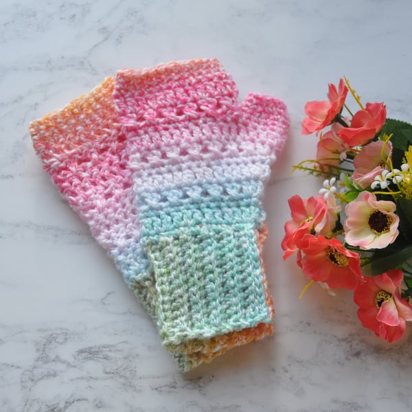 Hand Crochet Fingerless Gloves Mittens Mitts Free Post Bright Colour Ombre