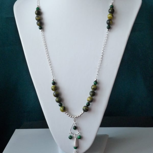 Green Jasper & Emerald Tiger's Eye Necklace - Genuine Gemstone - Handmade