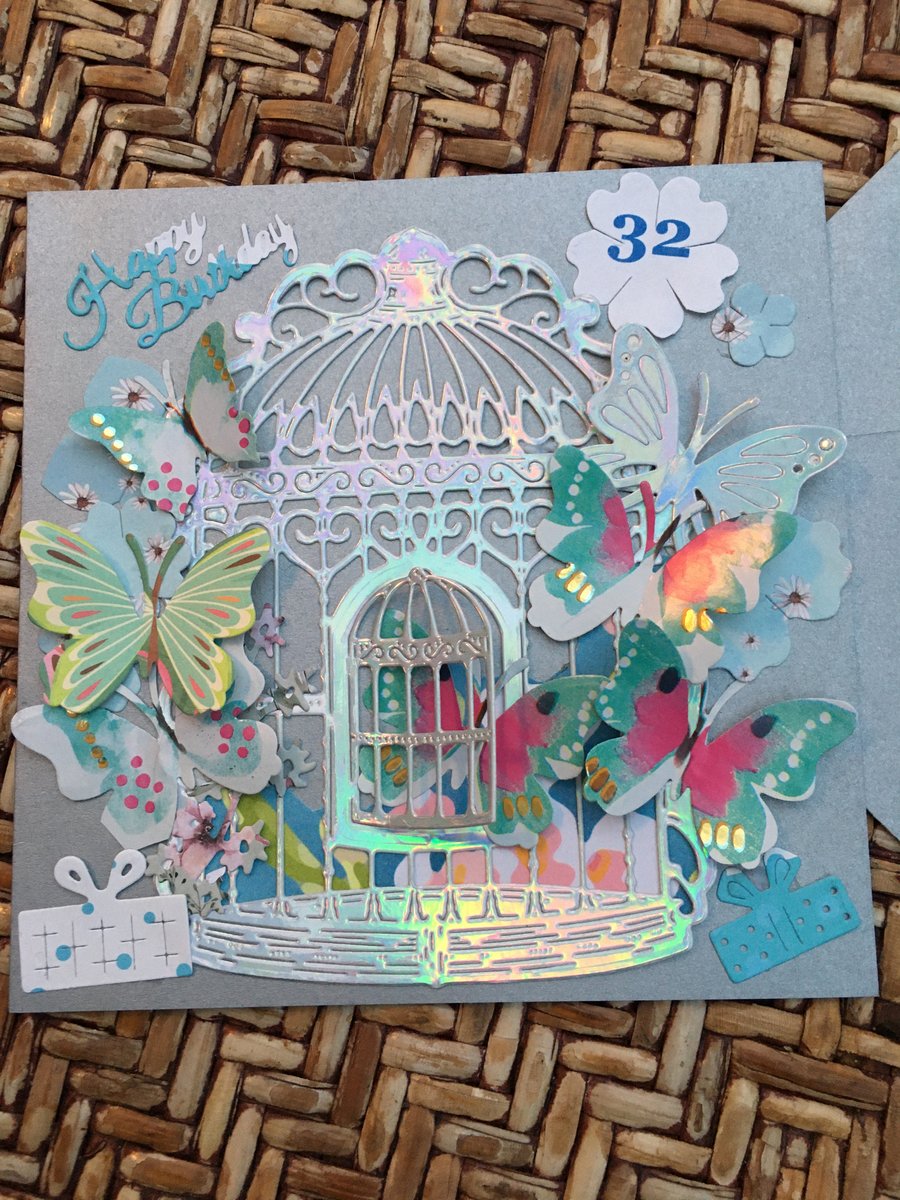 Birthday Card Handmade Bird Cage & Butterflies Custom Made Personalised Colour