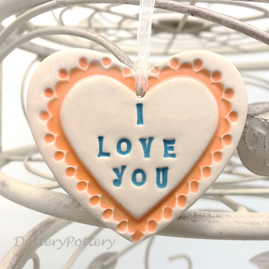Ceramic love heart decoration I Love You retro colours