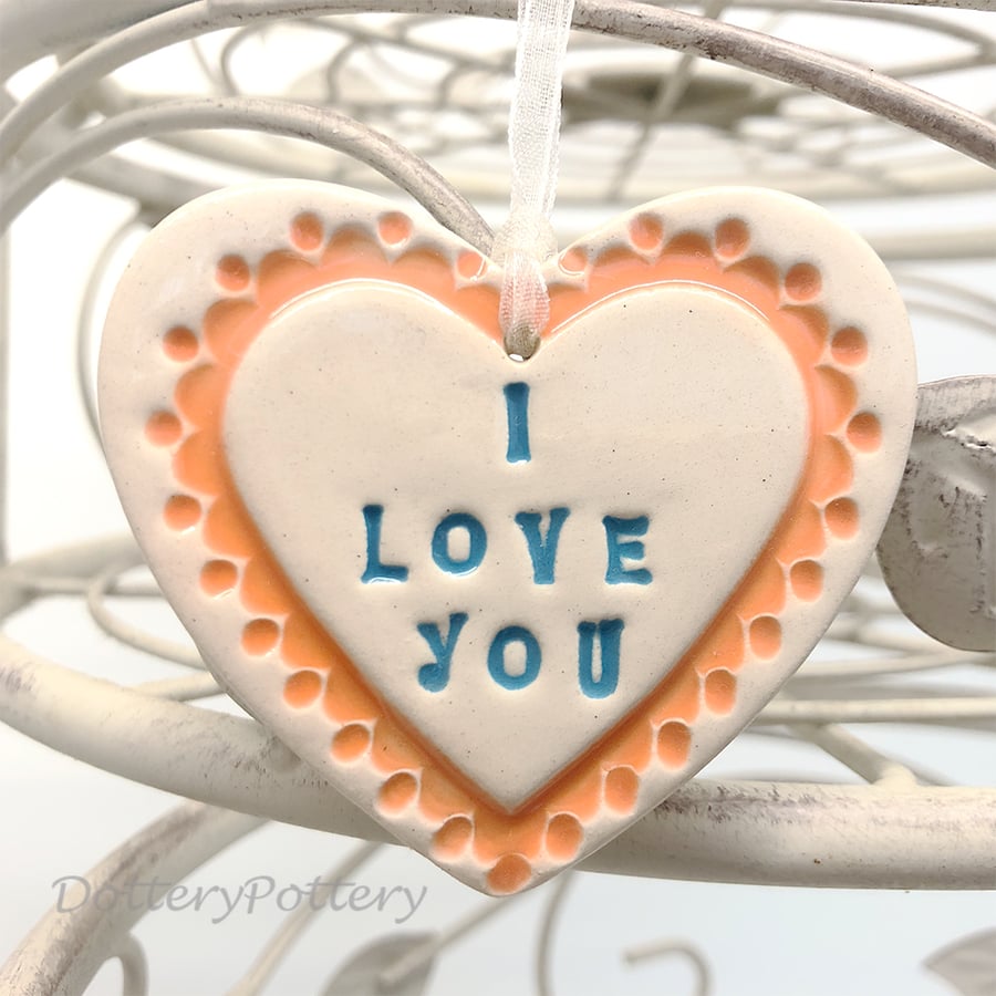 Ceramic love heart decoration I Love You retro colours  Perfectly Imperfect