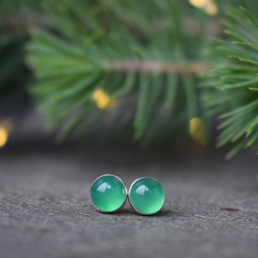 Green Agate Stone Silver Stud Earrings - Letterbox Gift