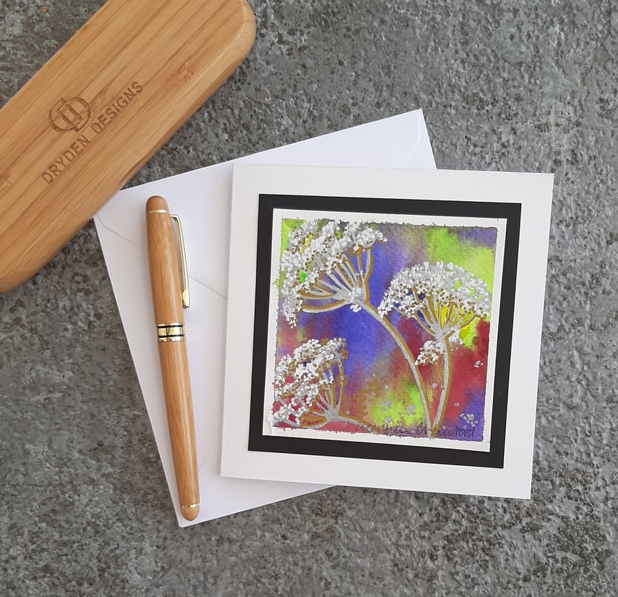 Abstract Handpainted Blank Card. Silver And Gold Cow Parsley Wildflower Floral