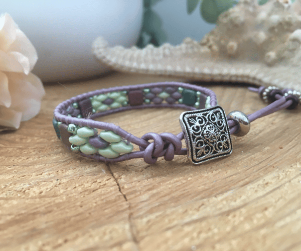 Pretty lilac beaded leather wrap adjustable boho bracelet 