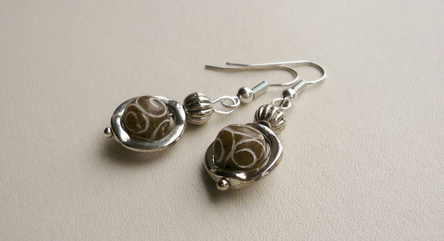 Nut Brown Carved Jade Tibetan Silver Earrings   KCJ1126