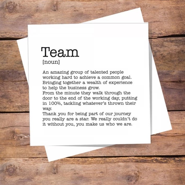 Team Definition Card Personalised - thank you. blank inside