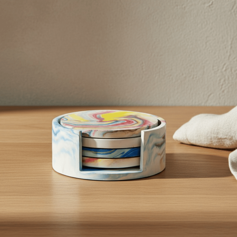 Handmade colourful coaster set of four with holder – marbled round table coaster