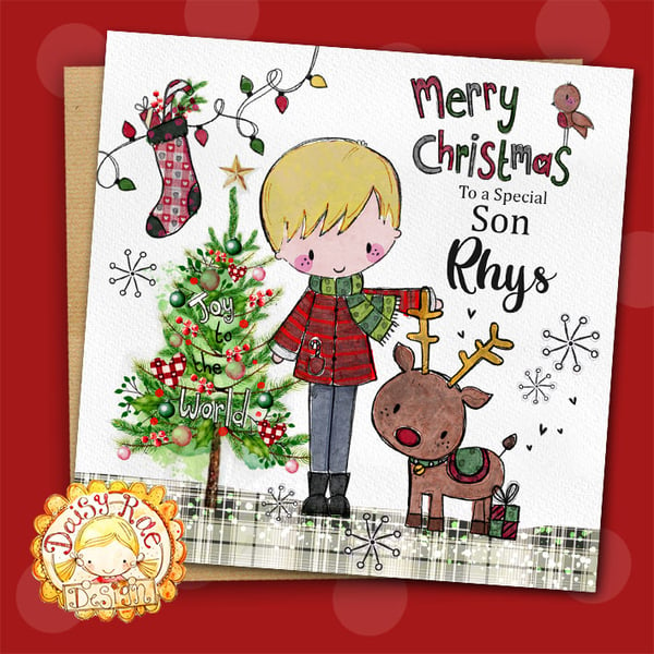 Joy to the world Boys personalised Christmas white square 6" linen card
