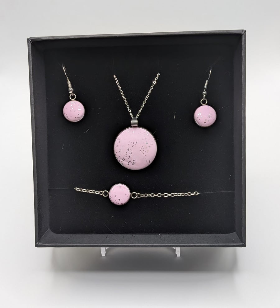 Pink and silver Jewelry Set Handmade Polymer Clay Necklace, Earrings, Bracelet