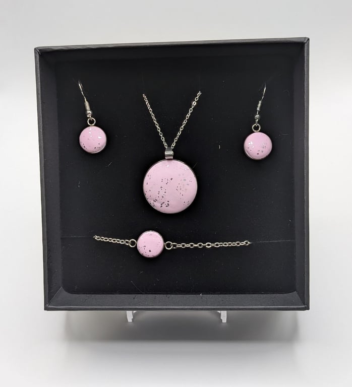Pink and silver Jewelry Set Handmade Polymer Clay Necklace, Earrings, Bracelet