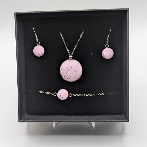 Pink and silver Jewelry Set Handmade Polymer Clay Necklace, Earrings, Bracelet
