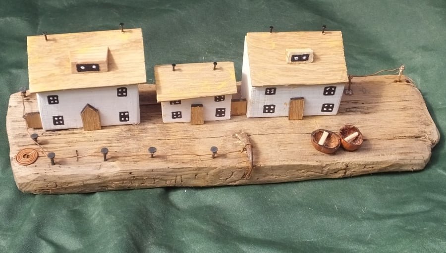 Harbourside quayside wall scene made from recycled wood & Cornish driftwood  