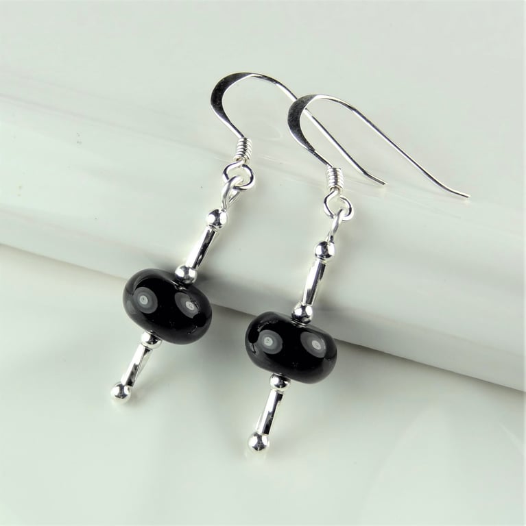 Black Onyx natural stone drop earrings, sterling silver, in a gift box