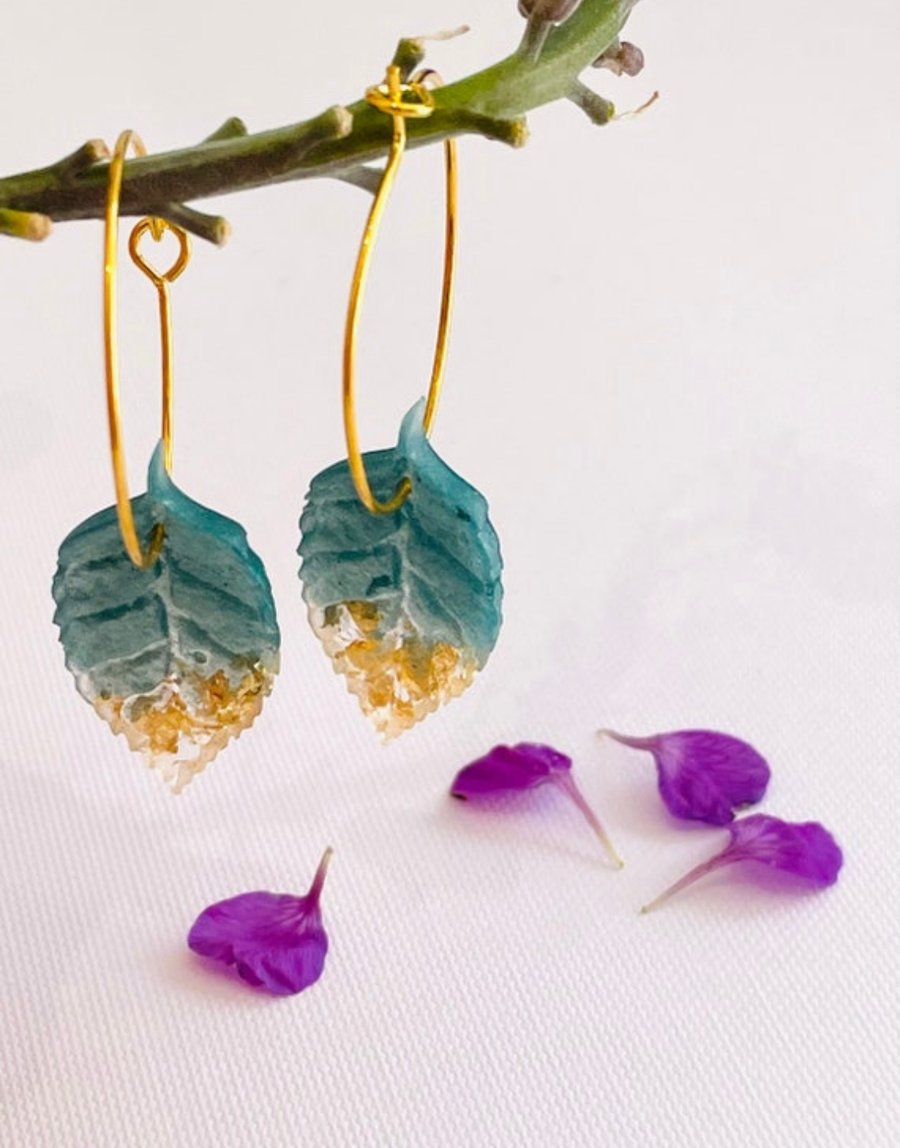 Gold leaf hoop earrings, hoop earrings with charm, nature lover gift