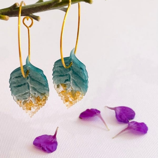 Gold leaf hoop earrings, hoop earrings with charm, nature lover gift